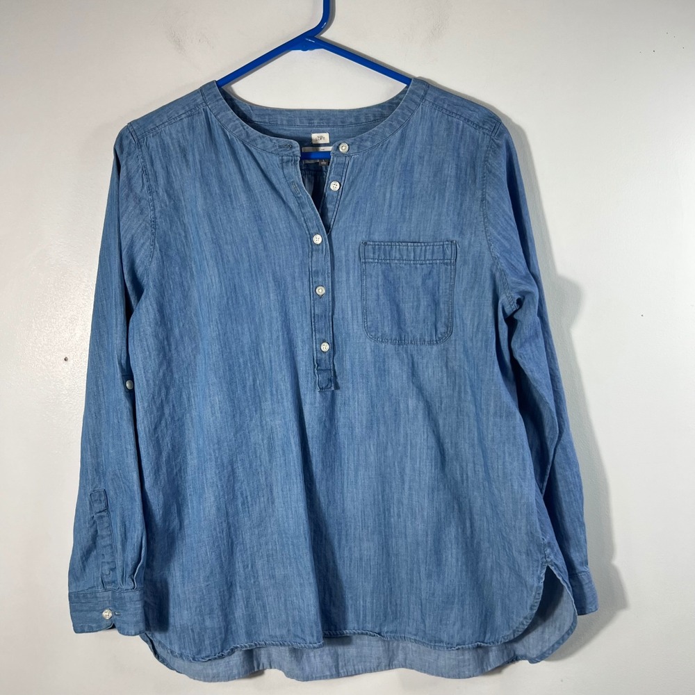 Womens Loft 1/2 Button Pullover Denim Shirt Cotton Softened Blue‎ LP